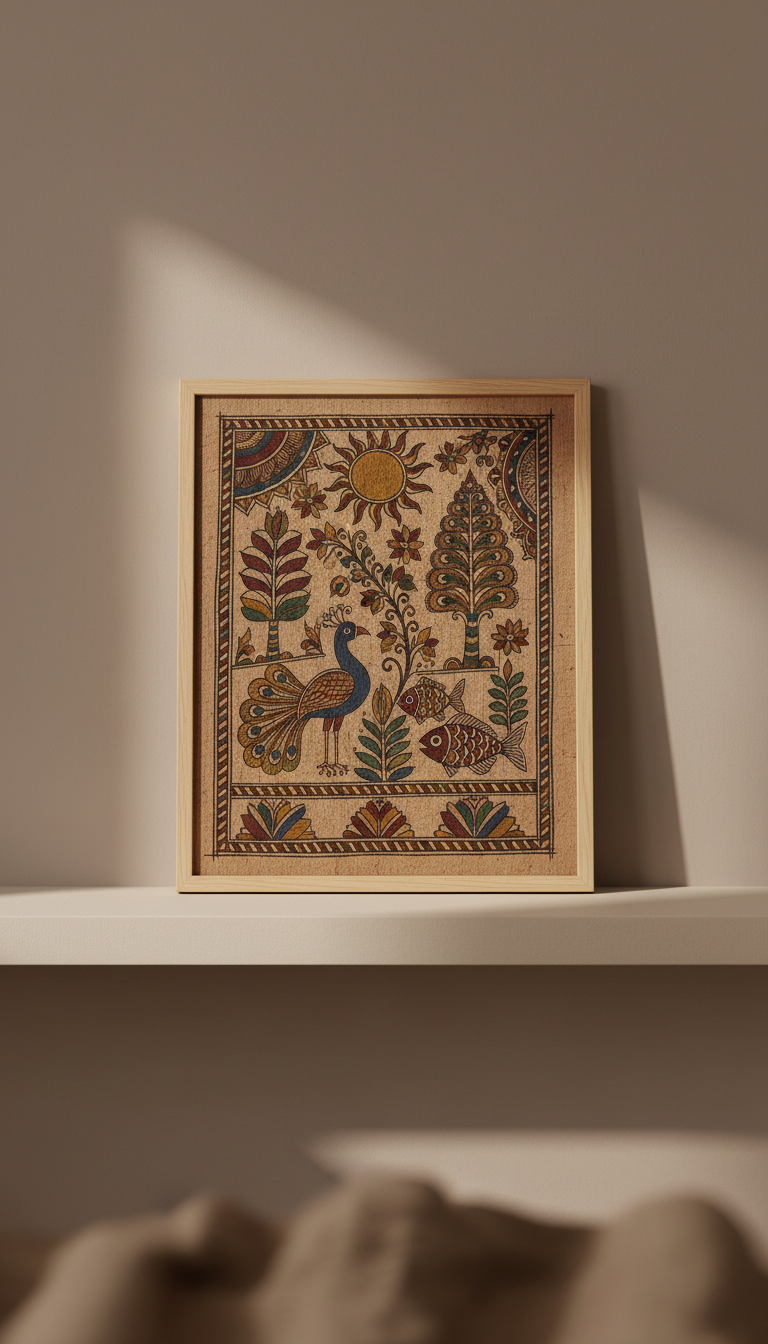 An intricately hand-painted Madhubani artwork, featuring traditional motifs of flora and fauna in natural vegetable dyes on handmade textured khadi paper. The painting is carefully framed in a plain matte wood frame, resting on a minimalist ivory shelf set against a softly gradated taupe wall. Gentle filtered daylight from an unseen window highlights the subtle textures of the artwork and frame, casting understated shadows along the base. The composition is centered, shot at eye level with a shallow depth of field that blurs the elegant, uncluttered background for a clean and sophisticated presentation. The mood evokes timeless artistry with a refined, tranquil atmosphere, aligned with a photographic minimalist aesthetic.
