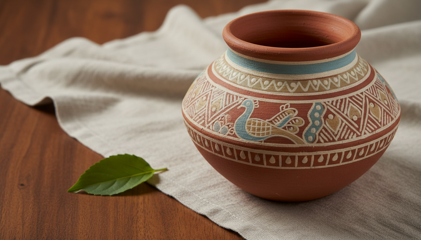 A close-up of a clay earthen pot decorated in muted pastel hues with signature Mithila geometric and peacock motifs, each brushstroke visible and matte in finish. The pot sits neatly atop a pale linen cloth draped on a walnut wooden surface, with a single green tulsi leaf beside it for context. Soft, indirect daylight glows from the left, creating subtle, natural highlights and gentle, barely-there shadows to accentuate the vessel’s curves. The composition is closely cropped with the pot slightly off-center, providing a minimalist focus and refined elegance in a photographic style.
