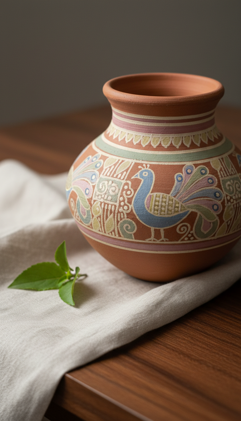 A close-up of a clay earthen pot decorated in muted pastel hues with signature Mithila geometric and peacock motifs, each brushstroke visible and matte in finish. The pot sits neatly atop a pale linen cloth draped on a walnut wooden surface, with a single green tulsi leaf beside it for context. Soft, indirect daylight glows from the left, creating subtle, natural highlights and gentle, barely-there shadows to accentuate the vessel’s curves. The composition is closely cropped with the pot slightly off-center, providing a minimalist focus and refined elegance in a photographic style.