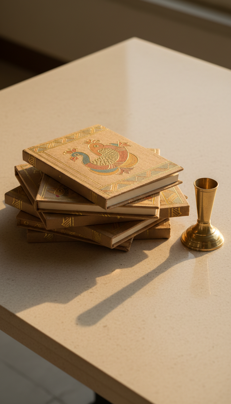 A collection of authentic handcrafted Mithila art journals with natural brown paper covers, adorned with fine, muted-color Madhubani patterns in delicate gold and ochre. The journals are stacked on a smooth pale stone tabletop with only a single brass pen holder nearby. Diffused early evening light washes gently over the scene, enhancing the warmth of the materials and revealing delicate gradients in the paper textures. Captured from a slightly elevated angle, the arrangement uses negative space and balanced asymmetry to convey serene sophistication. The image style is photographic and minimalist, fitting for a modern, elegant Mithila art store.