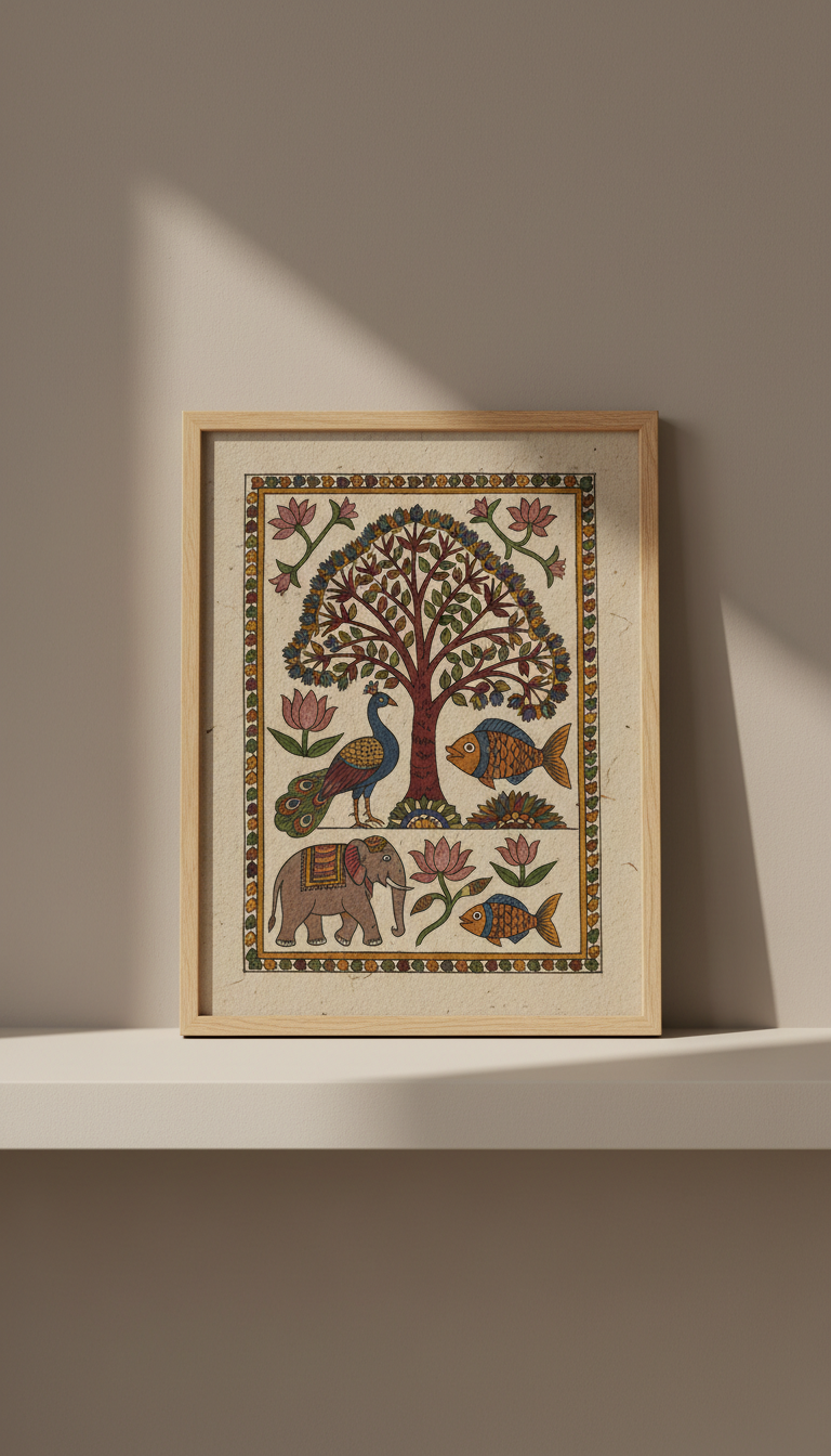 An intricately hand-painted Madhubani artwork, featuring traditional motifs of flora and fauna in natural vegetable dyes on handmade textured khadi paper. The painting is carefully framed in a plain matte wood frame, resting on a minimalist ivory shelf set against a softly gradated taupe wall. Gentle filtered daylight from an unseen window highlights the subtle textures of the artwork and frame, casting understated shadows along the base. The composition is centered, shot at eye level with a shallow depth of field that blurs the elegant, uncluttered background for a clean and sophisticated presentation. The mood evokes timeless artistry with a refined, tranquil atmosphere, aligned with a photographic minimalist aesthetic.
