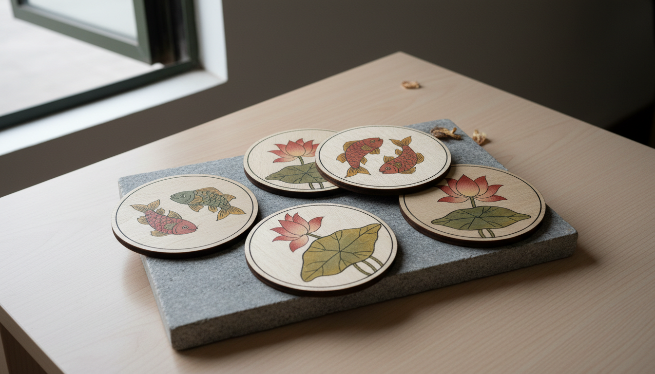 A refined display of hand-painted Mithila art wooden coasters arranged in a staggered layout on a cool gray stone slab, each coaster featuring detailed, muted motifs of fish and lotus flowers with subdued reds, greens, and yellows. The setting is an empty tabletop near a partially open window with overcast daylight flooding in, resulting in a soft, diffuse quality of light, gentle highlights, and barely noticeable shadows. The mood is calm and understated, emphasizing sophisticated design and authentic craftsmanship with a clean, high-resolution photographic approach.